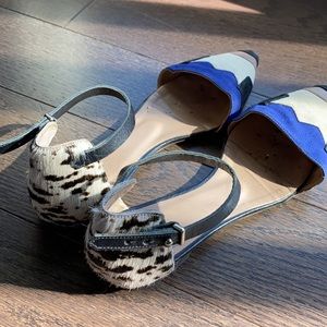 HOSS designer Pointy Toe blue white calf hide black suede flats